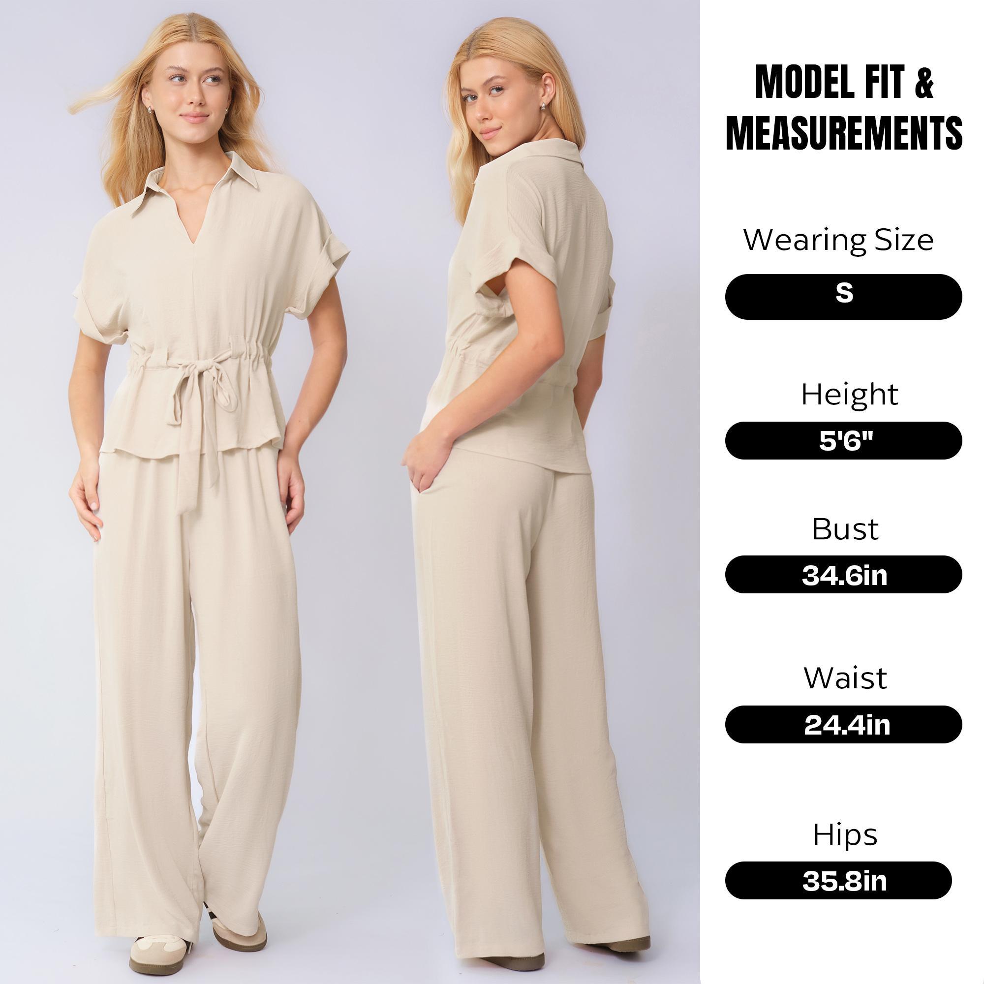 Two-Piece Set Women's Solid Versatile Minimalist Collared Top & Wide Leg Trousers, Casual Rolled-Up Short Sleeve Top & Pants for Daily Wear, Ladies Clothes for All Seasons, Suits
