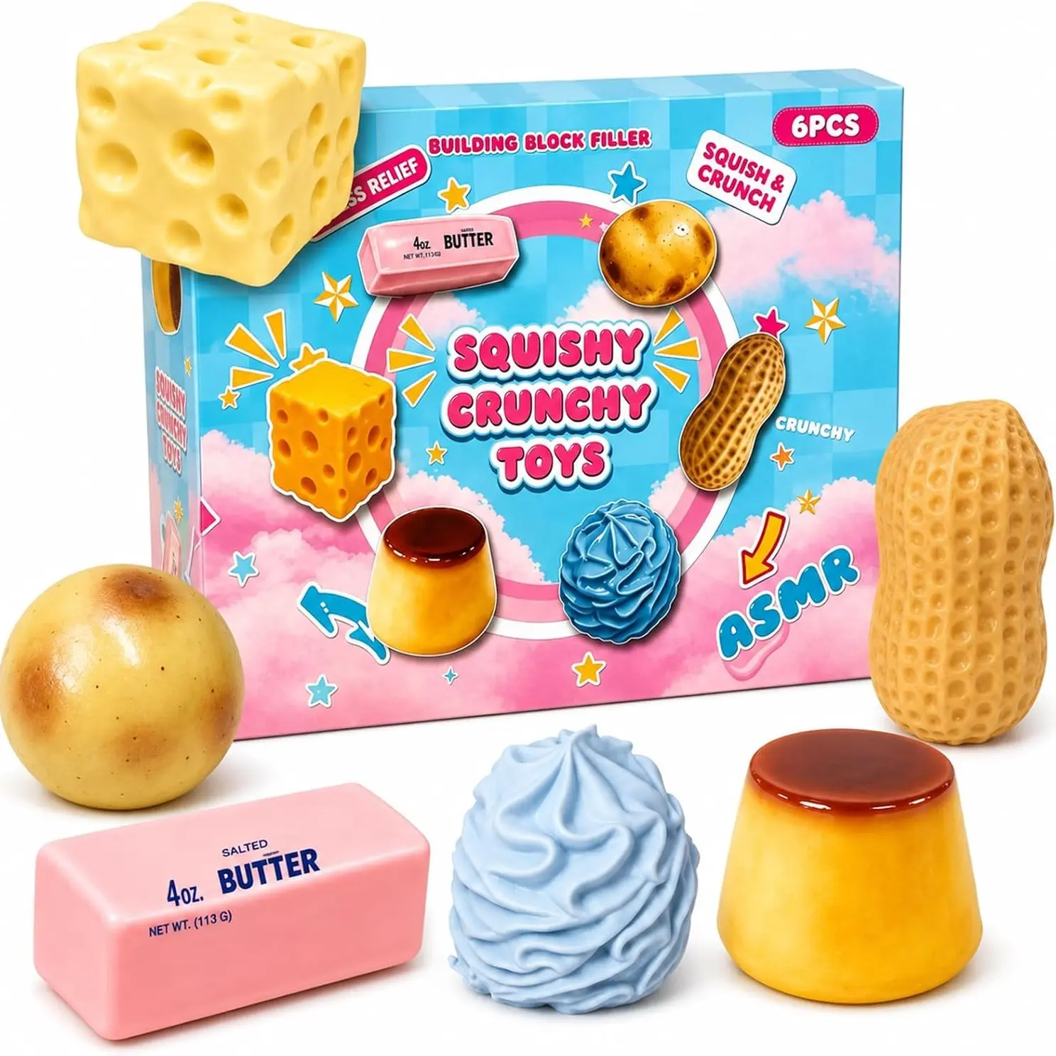 6-Piece Crunchy Squishy Mystery Box, Sensory Fun Set, A Food-Themed Squeeze Toys, Crunchy Slow-Rising Squishies, Sensory Play, Desk Decor & Gift Ideas