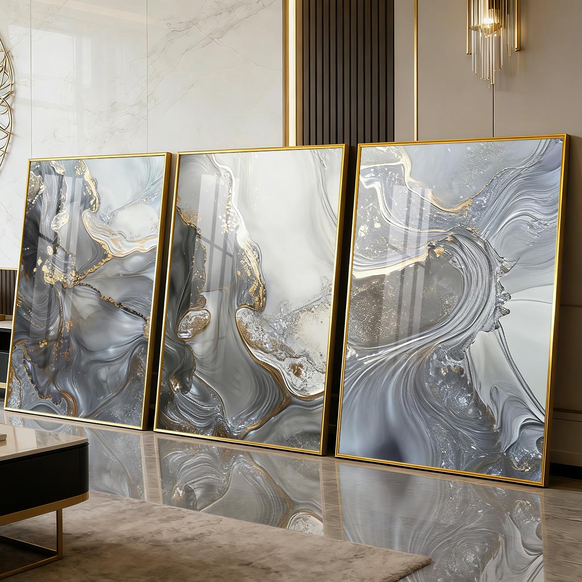 3 Counts Aluminum Alloy Framed Painting, Abstract Gray Gold Fluid Art Pictures, Home Decoration For Living Room, Bedroom, Office, Restaurant, Hallway Wall Decor, Odorless Print Artwork, Luxury Perfect Gift For Friends And Family