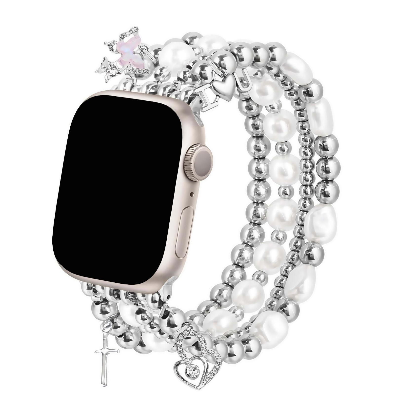 Gold bead bracelet suitable for 38mm 40mm 41mm 42mm women's Apple Watch strap, Smartwatch Accessories, iWatch SE series handmade dress iPhone strap elastic strap heart-shaped pendant strap, women's pearl strap, Smart Watch Straps