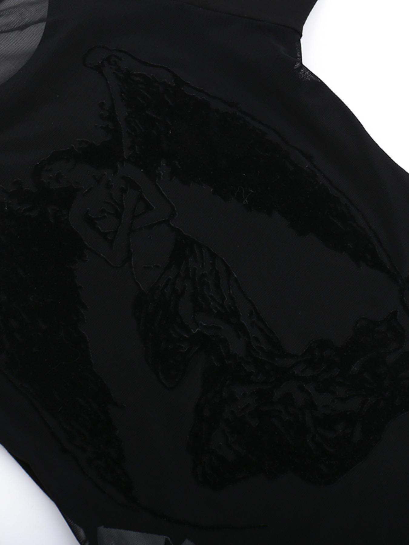 Women's Angel Print Contrast Mesh Sheer Round Neck Tee, Y2K Trendy Casual Raglan Sleeve T-shirt for Daily Wear, Ladies All Seasons Outfit