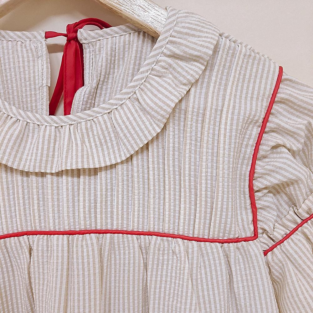 SageVell Beige/Blue Striped Pleated Blouse with Ruffle Sleeves & Red Contrast Trim Top, Round Neck Short Cotton-blend Shirts for Women