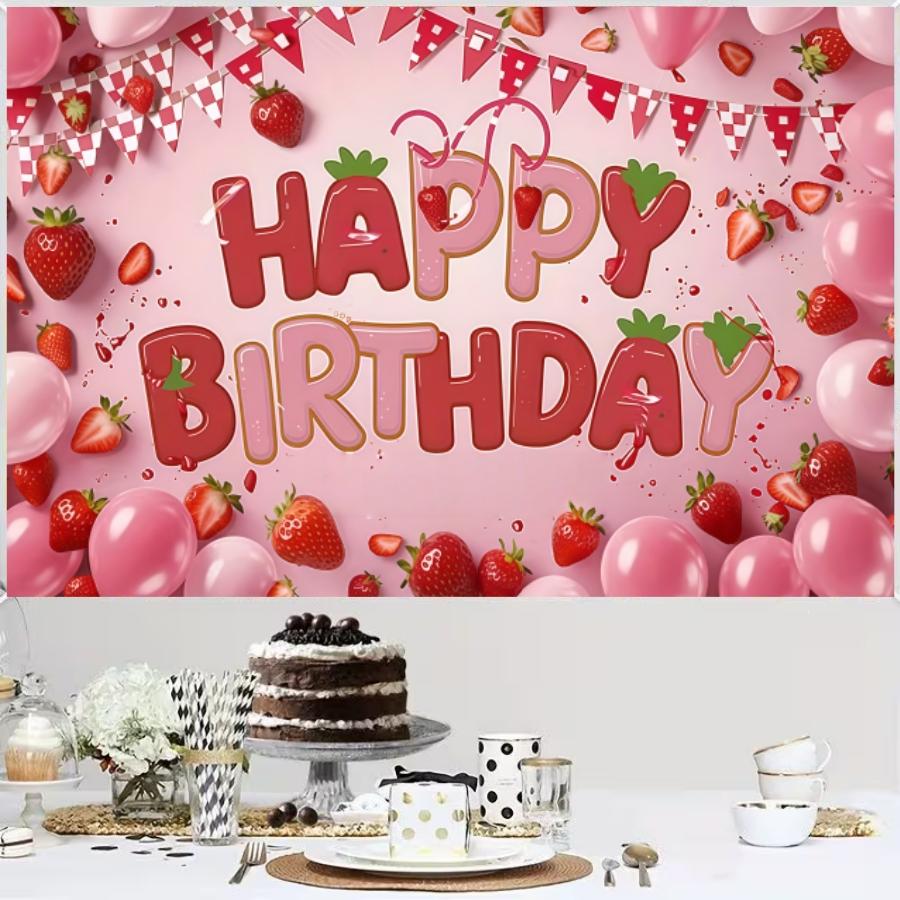 Pink strawberry themed birthday party background cloth,polyester birthday party banner,vibrant pink background,suitable for photo booths, parties, birthdays, celebrations, indoor and outdoor home birthday party decoration, home decoration, room decoration