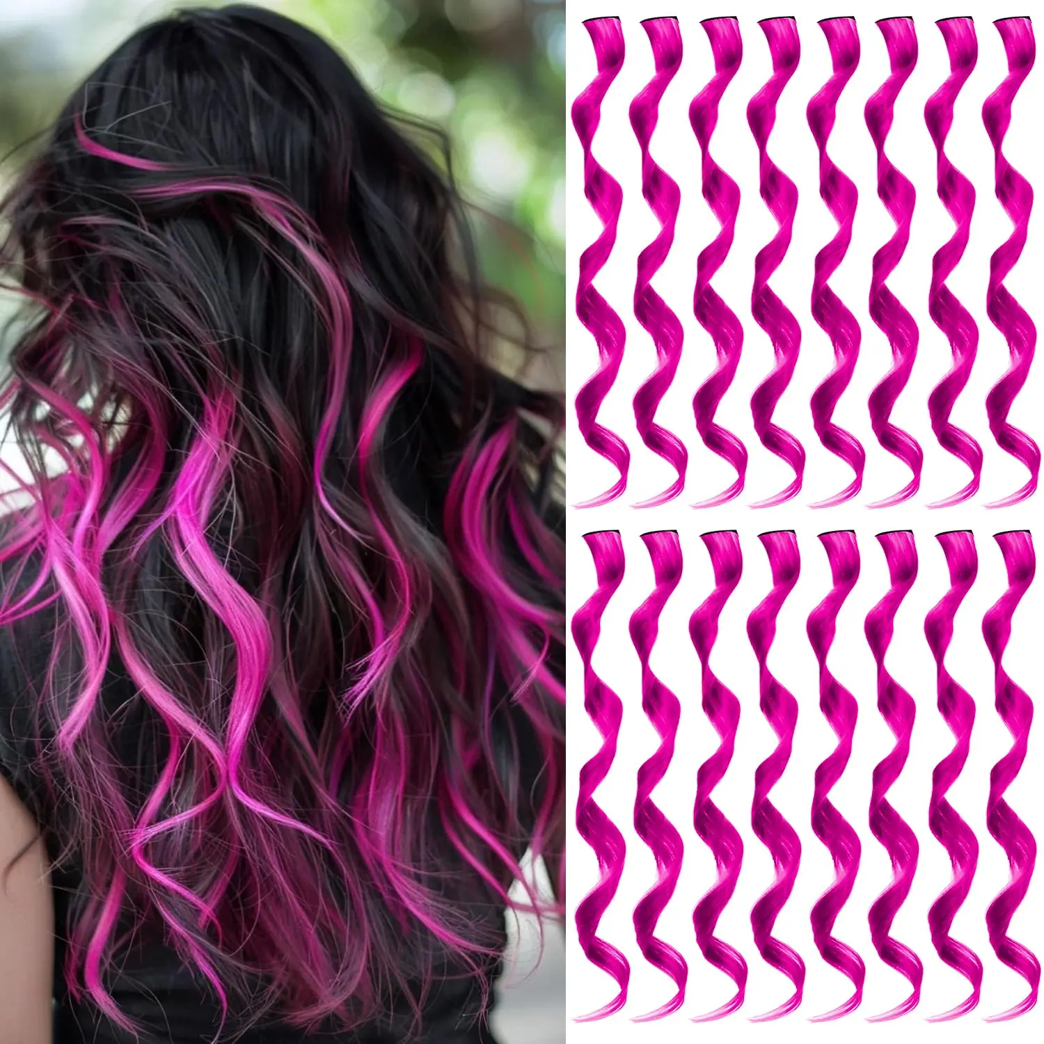 Fuchsia Hair Extensions Clip in Curly Wavy Colored Hairpiece 16 count | Rose  Highlights Synthetic Streak for Girls Women  Party Birthday