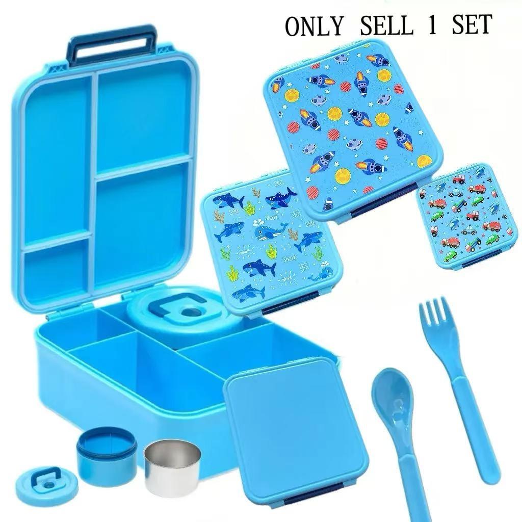 Cute Cartoon Bento Lunch Box with Soup Thermo, Kids Leakproof 4 Compartments, Insulated Food Jar for School Travel, Leak-Proof Bento Box with Spoon