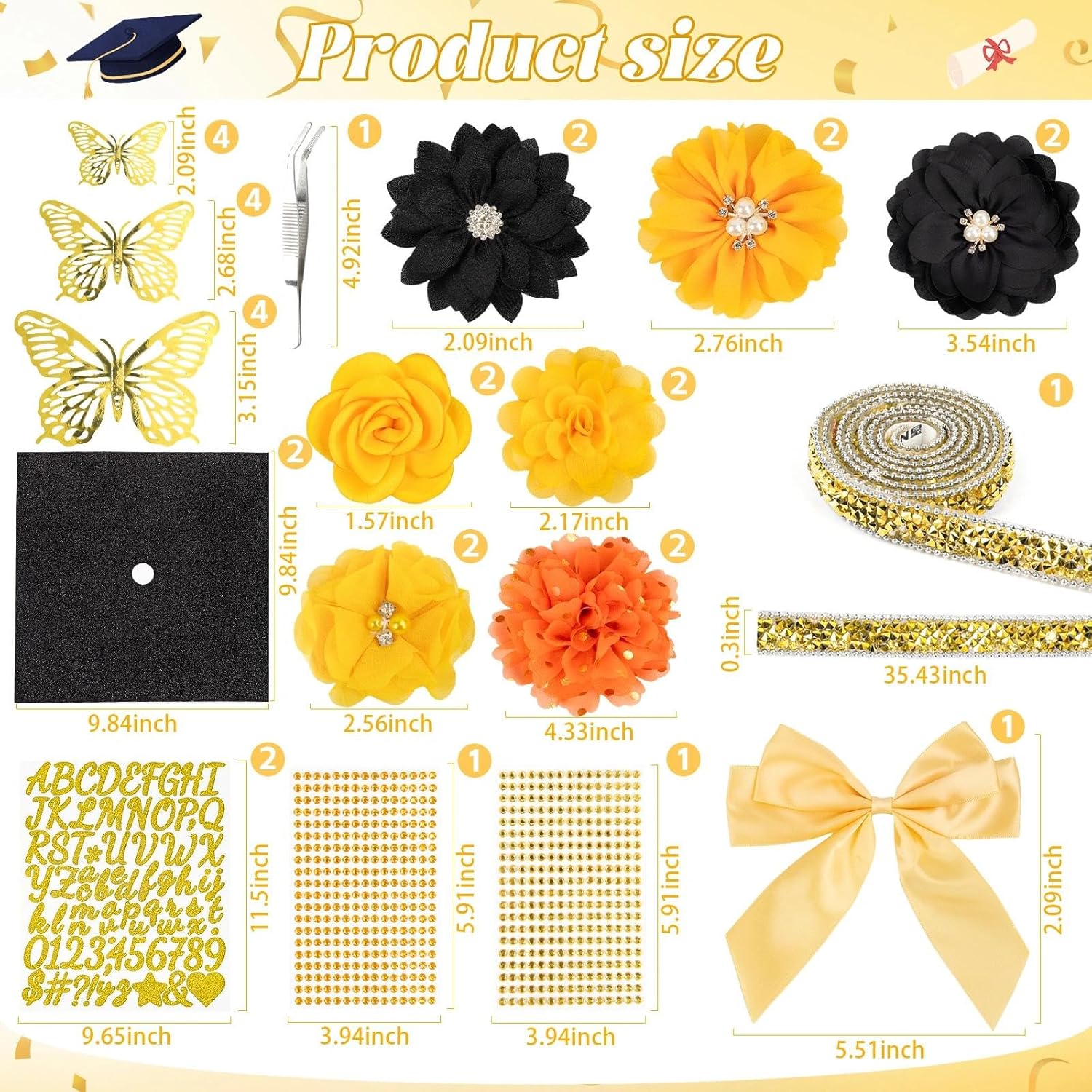 Graduation Cap Decorations Kit 2026 DIY Cap Decorations 36 count Included   Heads Bow  Butterfly Self Adhesive Rhinestones Stickers Alphabet Letter Stickers for Grad Party Decor, Black