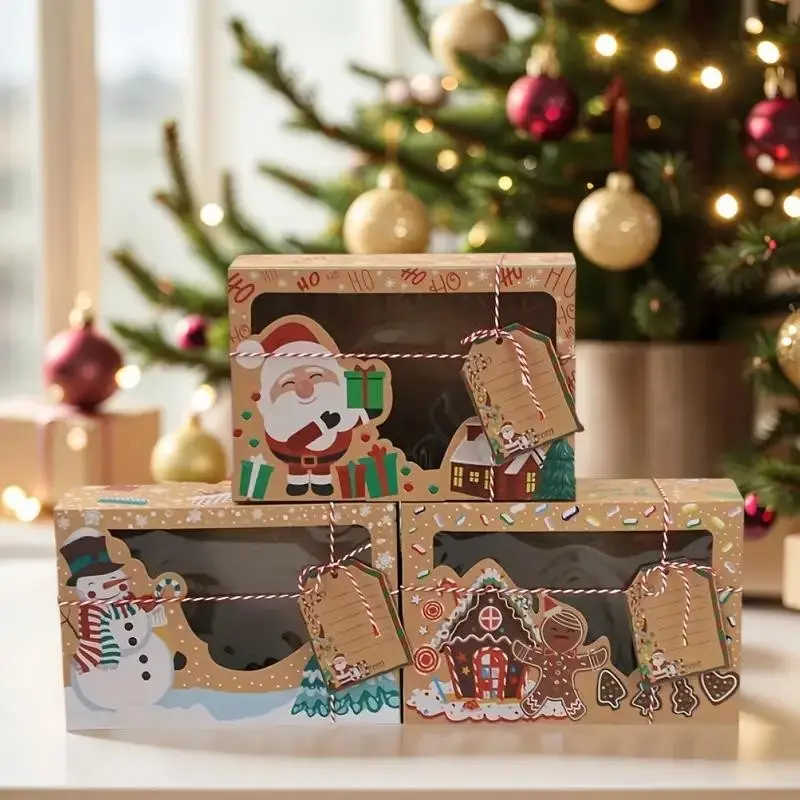 12 Pack Christmas Cookie Boxes with Window, Kraft Paper Bakery Gift Boxes for Holiday Treats, Cupcake Pastry Candy Packing Box with Tags and Twine (3 Designs, 8.7" x 5.9" x 2.8")