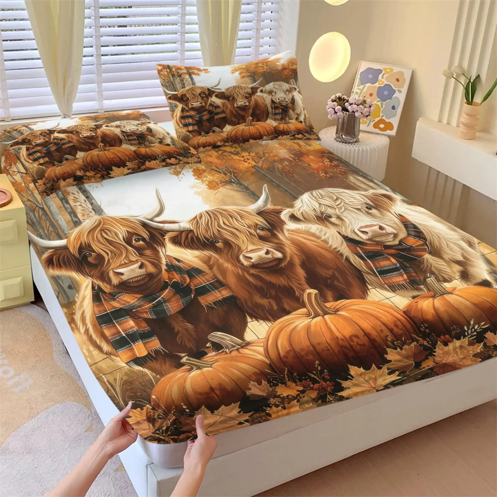 Fall Highland Cow Pumpkin Fitted Sheet Set, Autumn Maple Leaf Farm Print Bed Sheets Set, 1 Fitted Sheet & 2 Pillowcase No Filling, Soft Microfiber Deep Pocket Design, Bedsheet Set, Gift for Farm Lovers