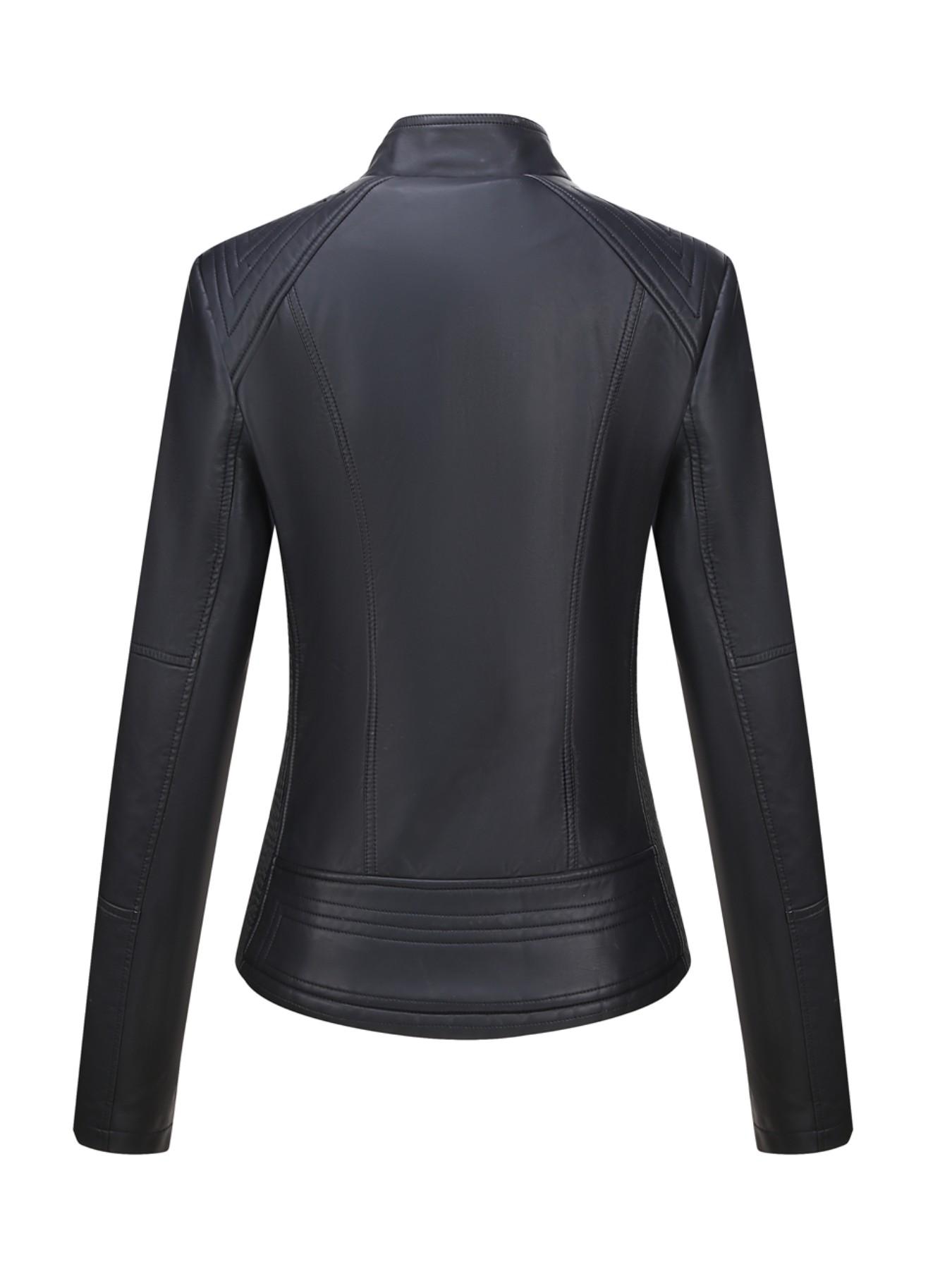 Women's PU Leather Jacket Coats, Stand Collar with Zip Pockets, Long Sleeve Fitted Casual Style, Fall Winter Fashion Outerwear