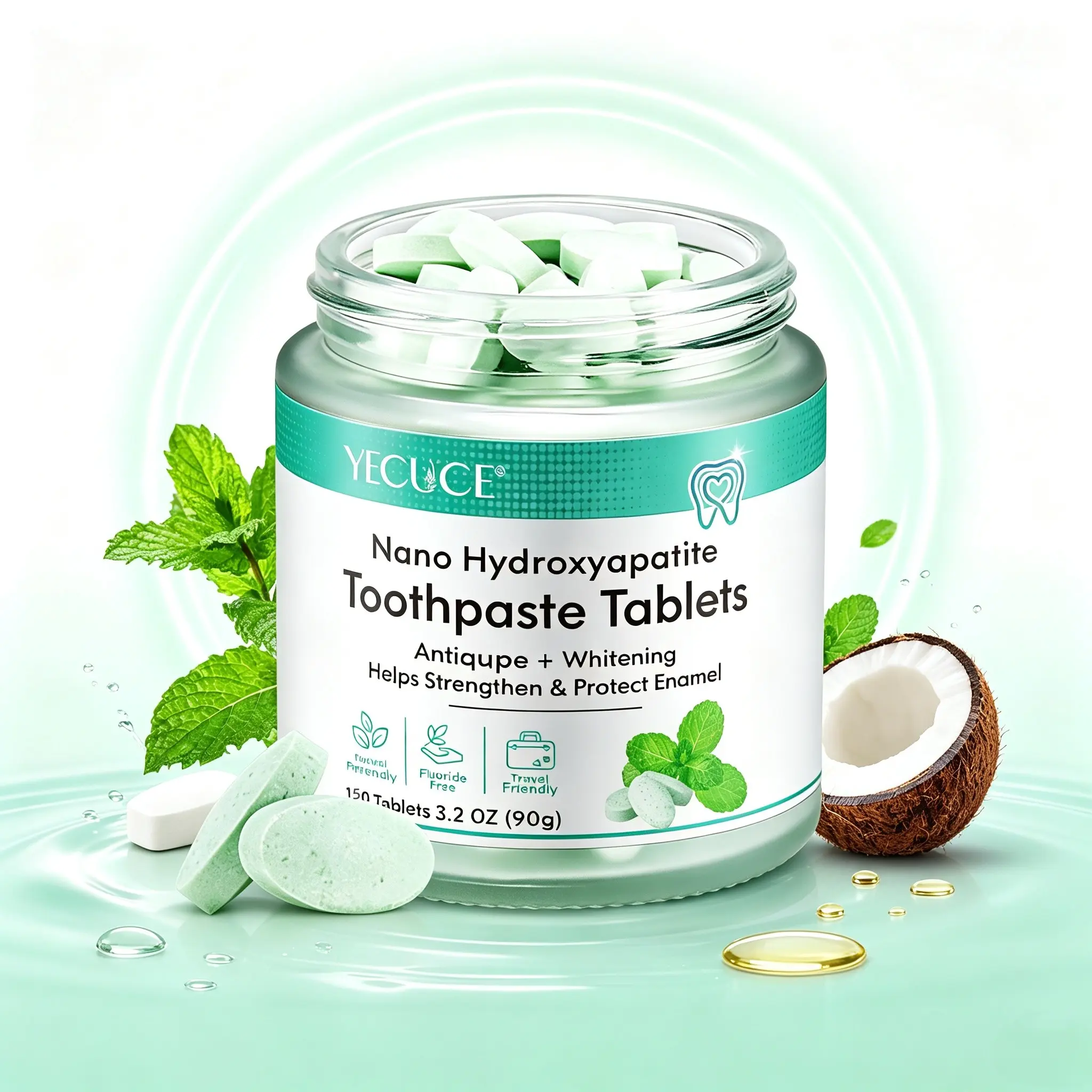 Yecuce Nano Hydroxyapatite Toothpaste Tablets, 150pcs Box, Natural Mint Flavor, Fresh Breath, Dental Care, Solid Design, Travel Friendly
