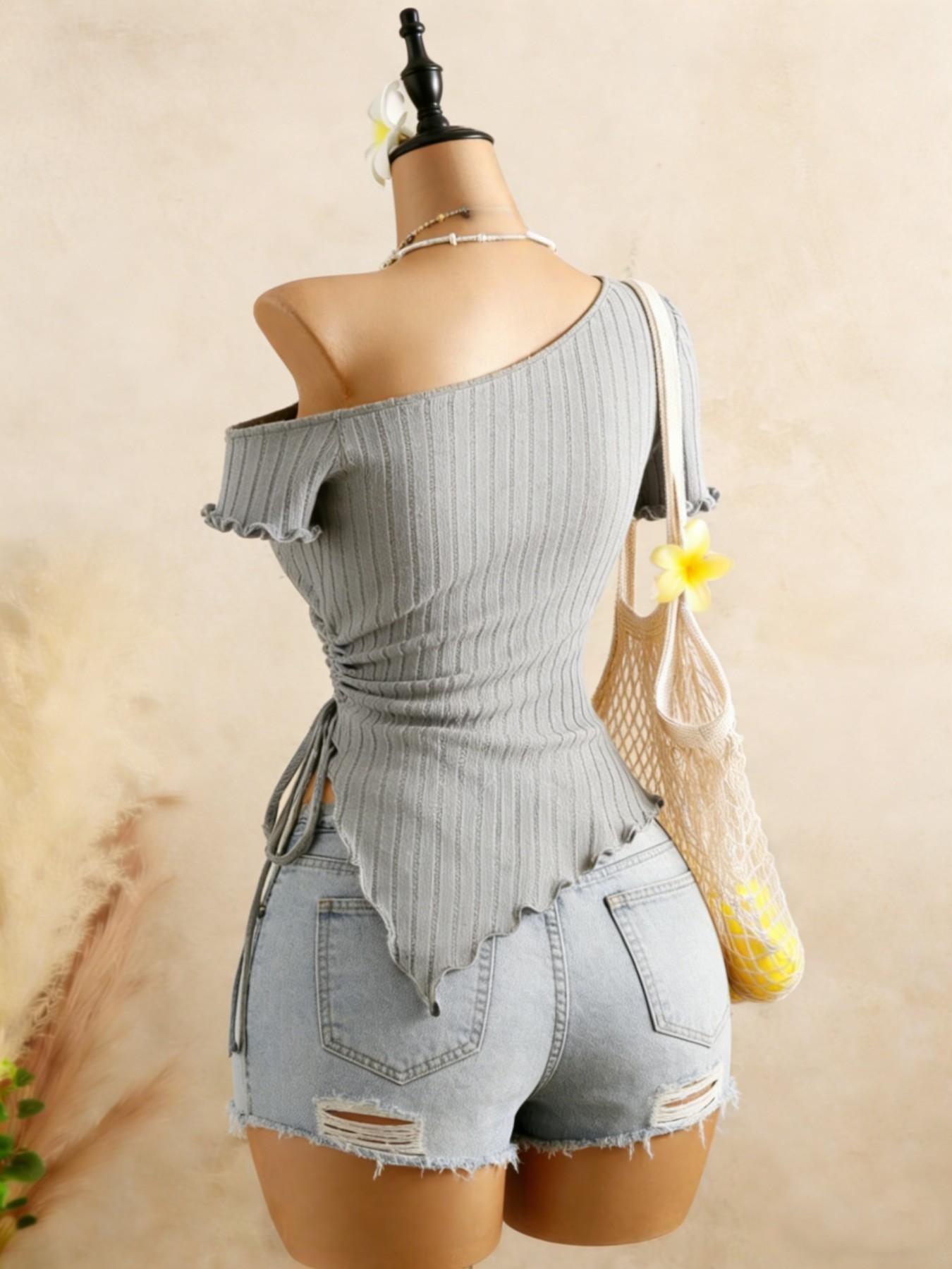 Two-Piece Asymmetrical Shoulder Knit Top, Side Drawstring Irregular Hem, Bold Short Sleeve Design, Perfect for Trendy Adjustable