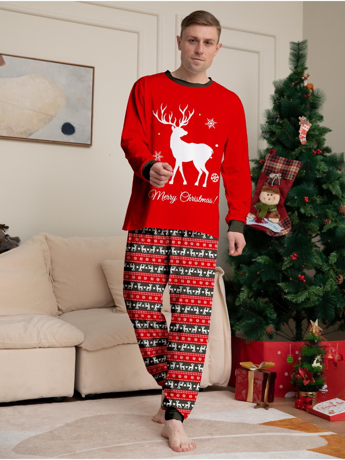 Christmas Elk Family Matching Pajamas Set 4 Pcs, Long Sleeve Red Xmas Printed Soft Warm Loungewear, Holiday Family Sleepwear for Men Women Kids, Christmas Gift Outfit