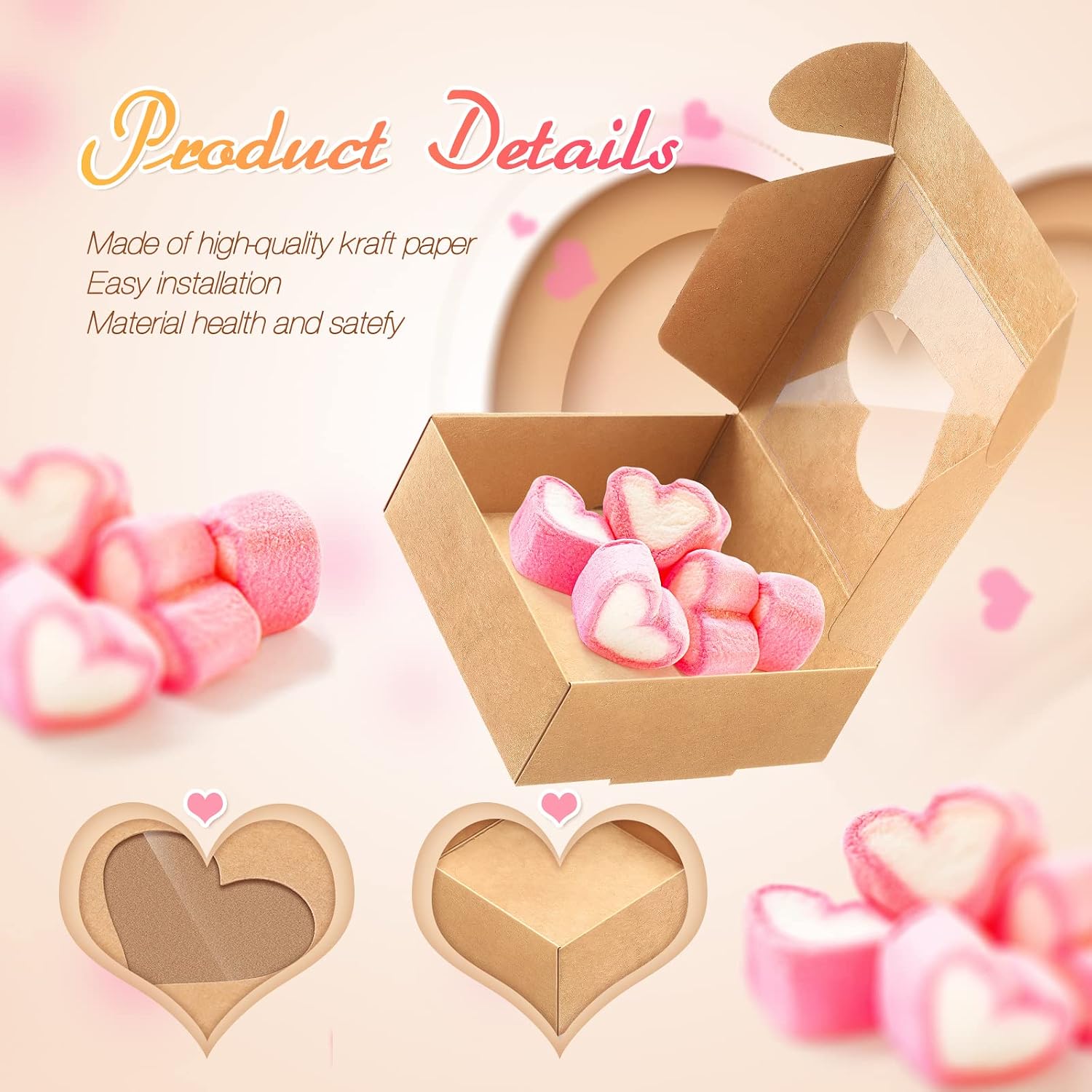 30 count Mini  Box with Clear Heart Shaped Window  Craft Paper Small Cookie Packaging Boxes 3 x 3 x 1. 2 Inch for Individual Cupcake Bakery Valentine Gifts Party (Brown)