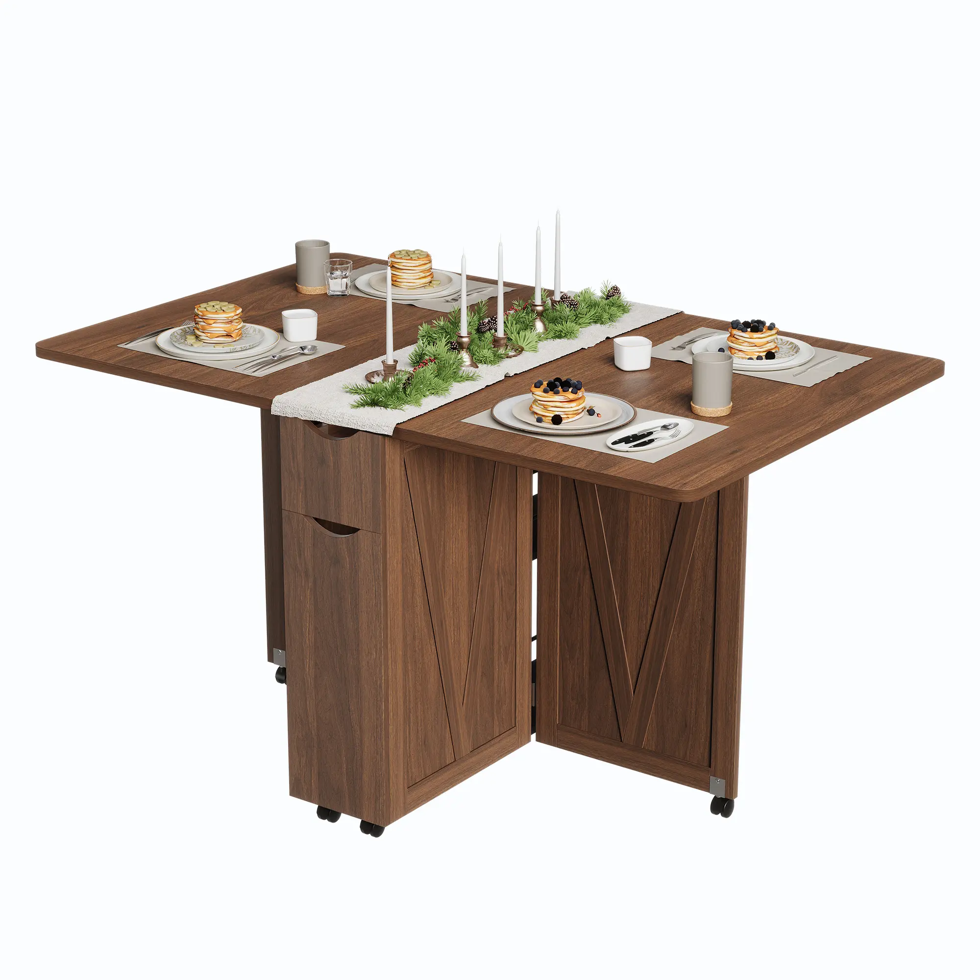 【Garvee】Multifunctional Rolling Expandable Kitchen Table, Compact Drop‑Leaf Dining Table with Storage Cabinet, Space Saving Furniture for Small Spaces Apartment，Suitable for office use