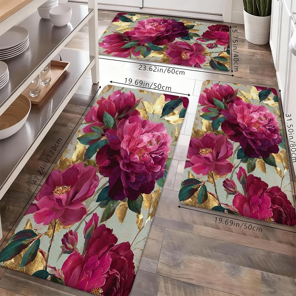 Luxury Gold Foil Peony Kitchen Rug Set, Vintage Floral Non-Slip Washable Floor Mats, Elegant Botanical Runner Rugs for Kitchen, Living Room & Home Decor