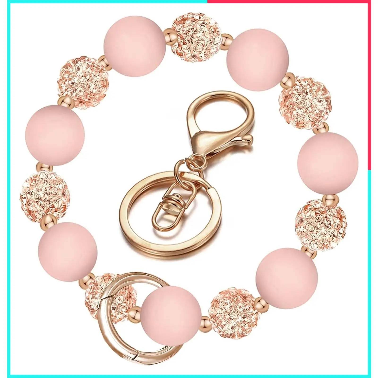 Food-Grade Silicone Beaded Elastic Wristlet Keychain Bracelet with Key Ring for Women, Car Key Chain Accessory