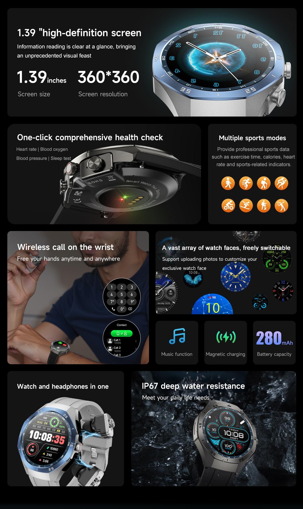 F33 Smart Watch for Men with Built in Earbuds Bluetooth Calling 139 Inch HD Round Display Heart Rate Sleep Blood Oxygen Tracking Daily Office Wear Business Tech Style Fitness Tracker