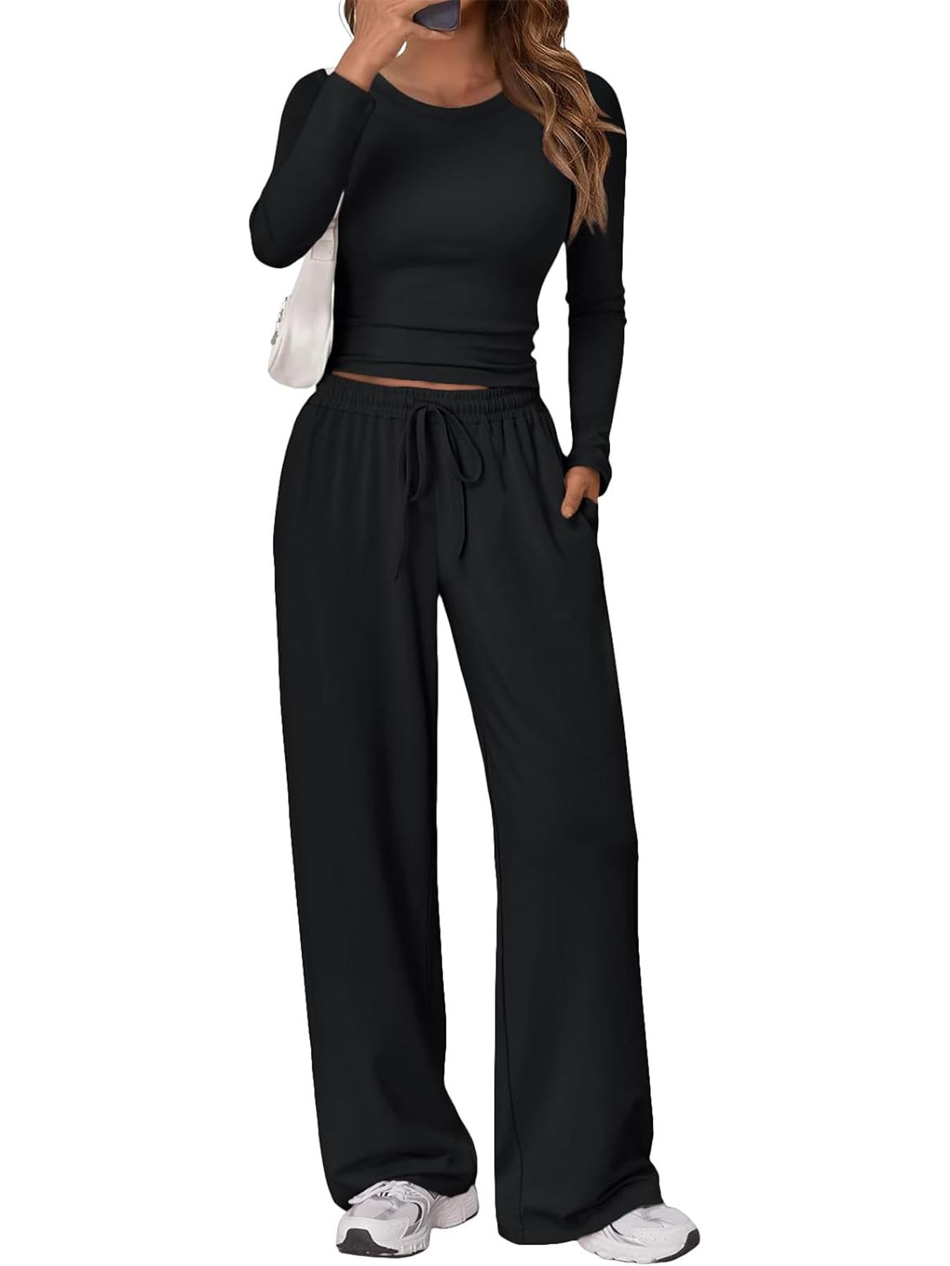 Women's 2-Piece Matching Lounge Set, Long Sleeve Slightly Cropped Top & Wide Leg Pants, Casual Sweatsuit for Fall & Winter