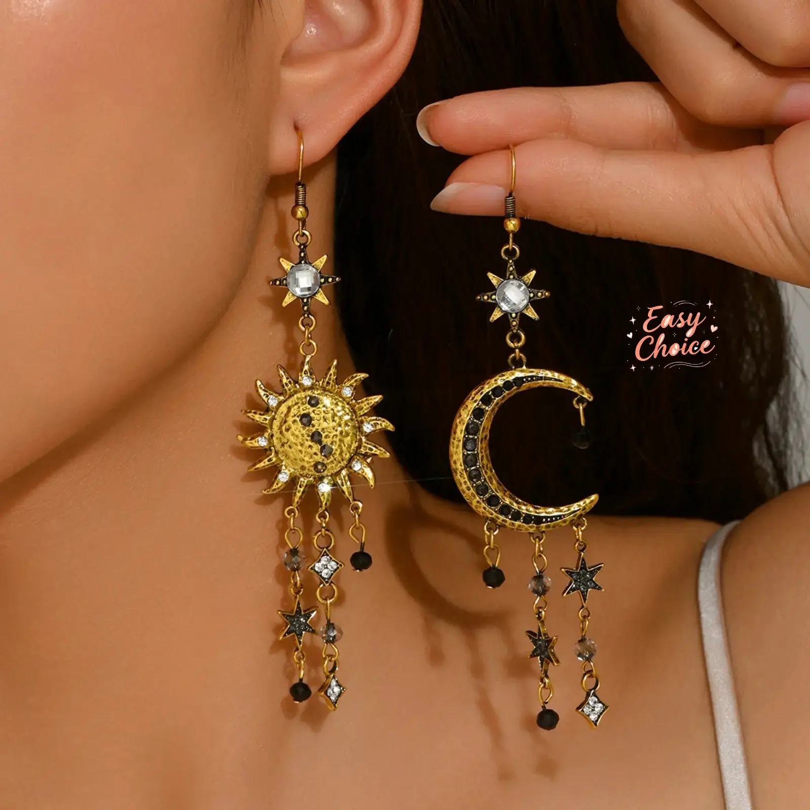 Women Vintage Sun & Moon Tassel Dangle Earrings, Sparkling Rhinestone‑Inlaid Basic Jewelry, Versatile Accessory For Daily Outings, Parties & Back‑to‑School Styling
