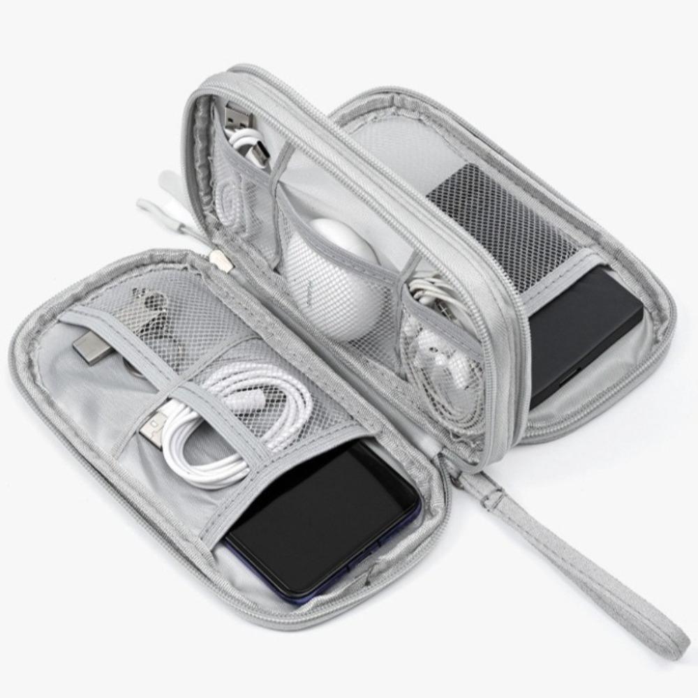 Portable data cable storage bag, double-layer mobile phone charger storage bag, multi-layer grid digital accessory storage bag, compact and convenient travel data cable storage bag