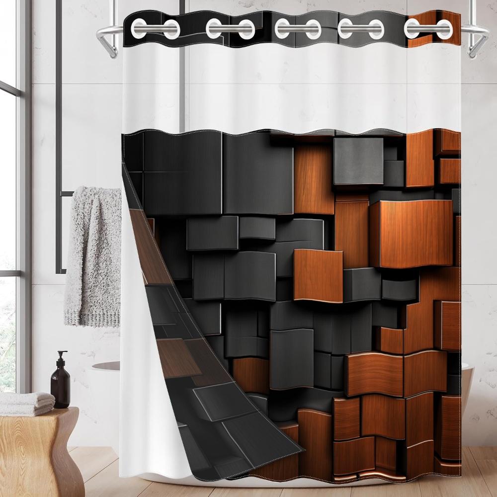 1pc hookless shower curtain with buckle lining, black and orange 3D square patchwork design, 2D flat printing, waterproof fabric lining, see-through double-layer shower curtain, 71 x 74 inches, modern home draping curtain.