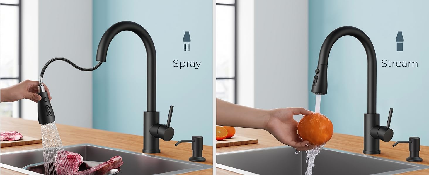 FORIOUS Kitchen Faucet with Soap Dispenser, Kitchen Faucets with Pull Down Sprayer, Updated High Arc Single Hole Faucet for Kitchen Sink RV summergarden