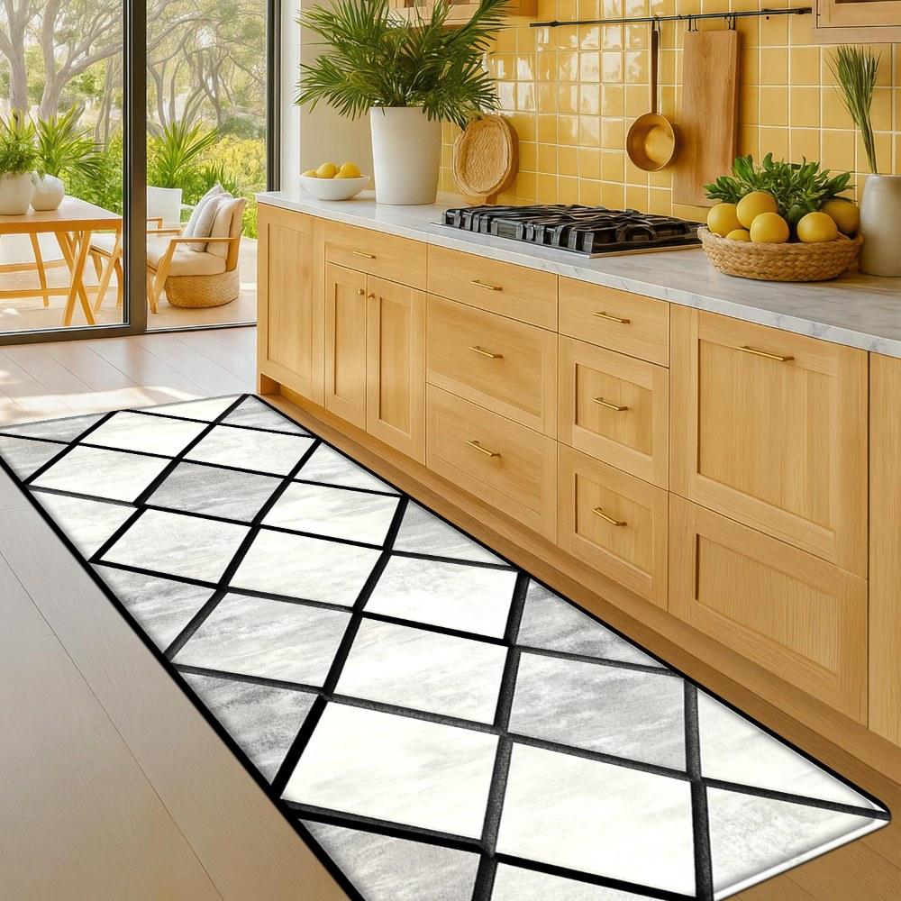 1PC， Black and White Diamond Geometric Pattern strip rugs, home décor, bathroom mats, entryway mats, bathroom non-slip mats, indoor entrance rugs, bedroom bedside mats, kitchen mats, hallway rugs, flannel sponge rugs, hallway runner rugs