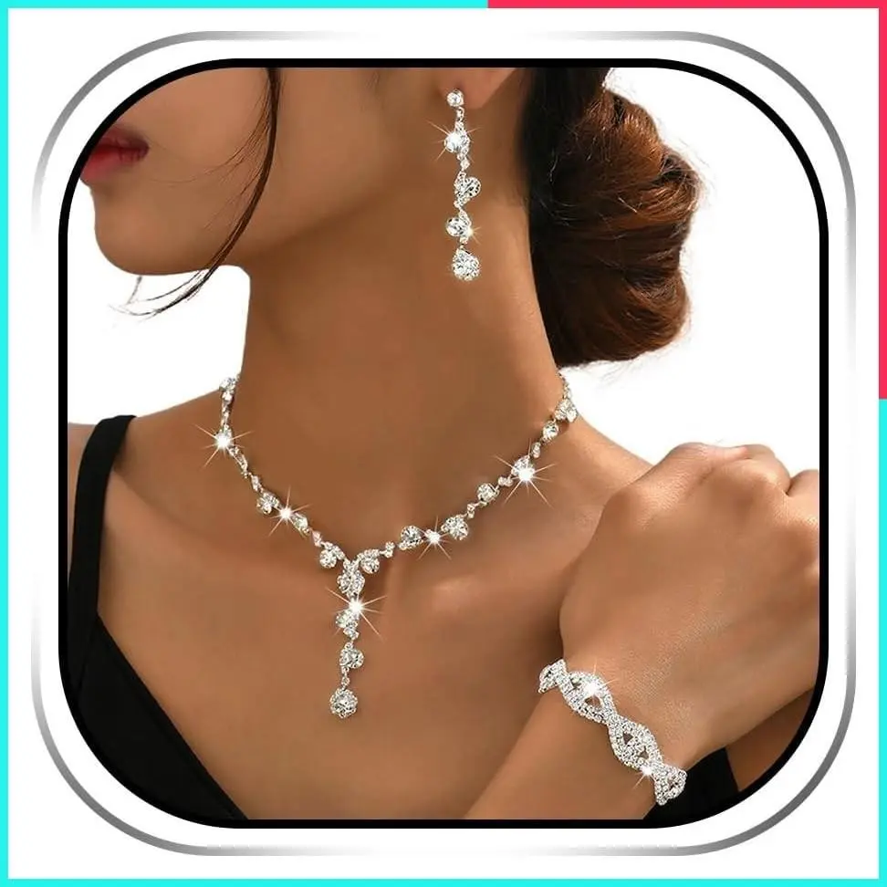 Rhinestone Earrings and Sparkly Bracelet Set, Elegant Party Prom Jewelry for Women