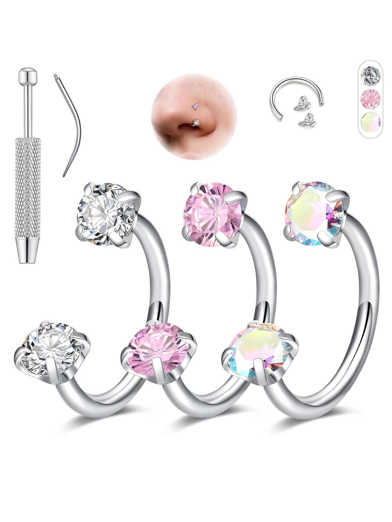 Hoop Nose Ring Set, Horseshoe Nose Rings for Women, Stainless Steel Piercing Jewelry, Dual Gemstone Hoop Rings, Surgical Steel Cartilage Spiral Earrings, Nose Piercing Kit