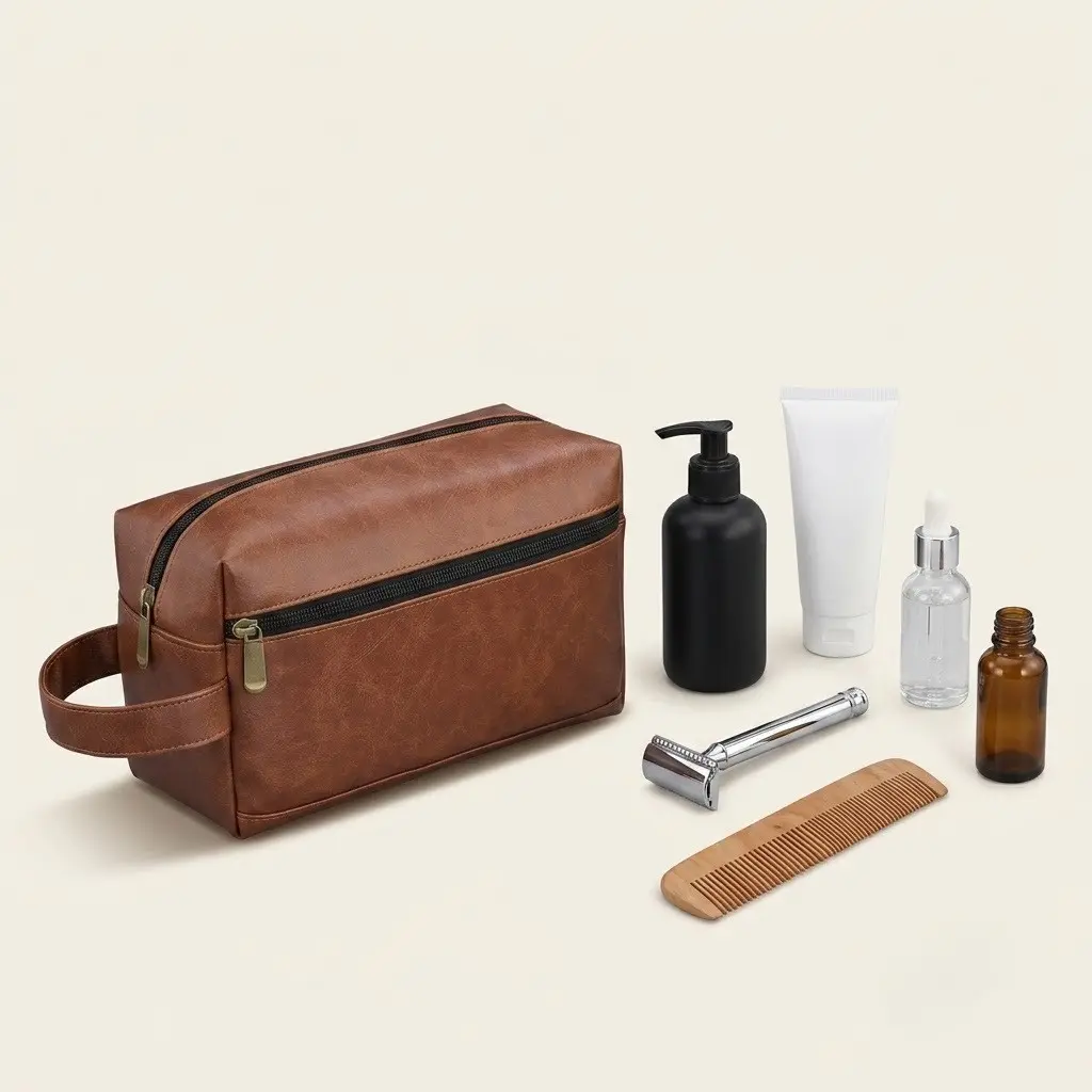 Men's Travel Toiletry Bag, Waterproof PU Leather, Large Capacity, Zippered Pouch, Portable Bathroom Organizer, Gift for Men