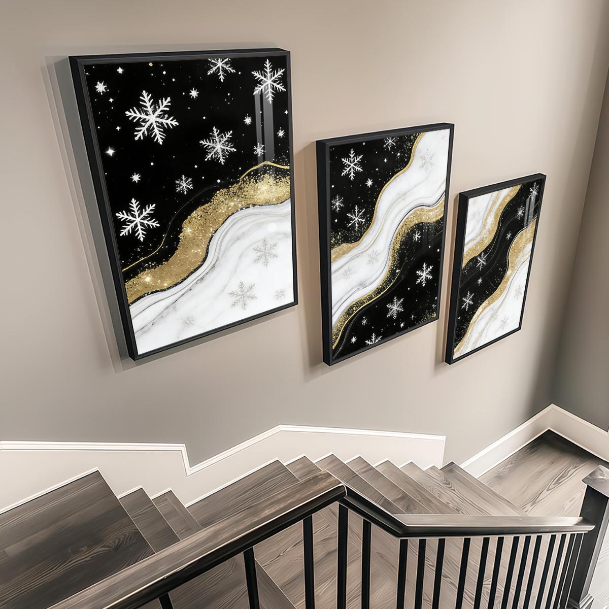 3 Counts Aluminum Alloy Framed Painting, Black White And Gold Snowflake Abstract Art Pictures, Home Decoration For Living Room, Bedroom, Office, Restaurant, Hallway Wall Decor, Odorless Print Artwork, Luxury Perfect Gift For Friends And Family