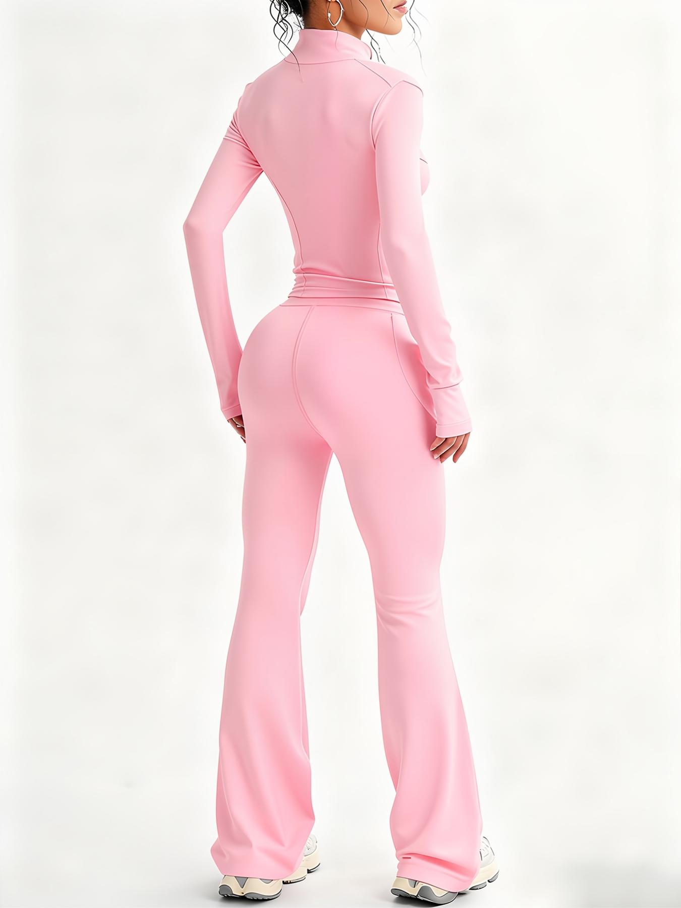 Women's Fashion Two-Piece Set, Slim Fit Long Sleeve Thumb Hole Cuffs, Zipper Front Jacket Style, Elastic Flare Pants, Daily Wear Womenswear