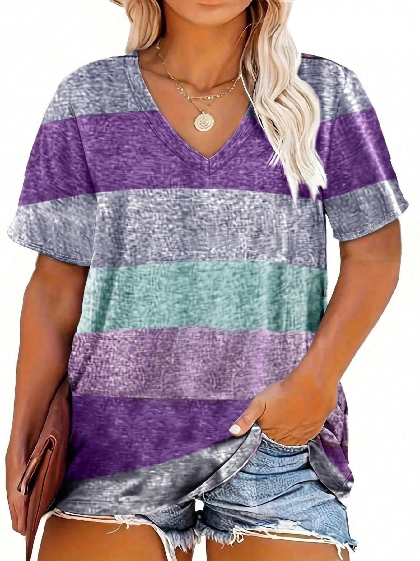 Plus Size Colorful Patchwork Print V Neck Lady Tee, Plus Casual Style Stretchy Fitted Short Sleeve T-Shirt for Summer, Summer Outfits 2024, Women's Plus Clothing for Daily Wear, Everyday, Womenswear