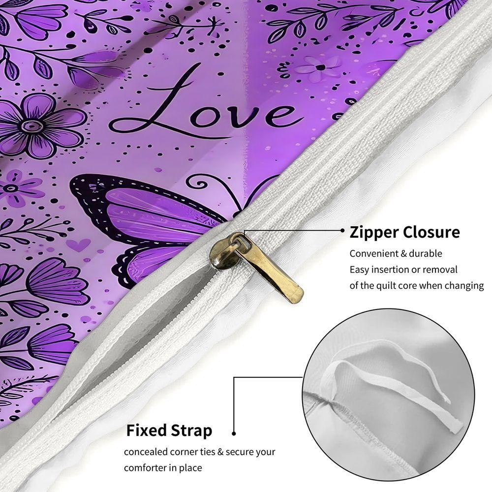 2/3Pcs Whimsical Purple Butterfly Duvet Cover Set, Romantic Floral Design Bedding Set, Soft Microfiber Material, Perfect for Dreamy Bedroom Decor, Love-Themed, Intricate Hand-Drawn Details, Includes 1 or 2 Pillowcase - No filling/Zipper Closure