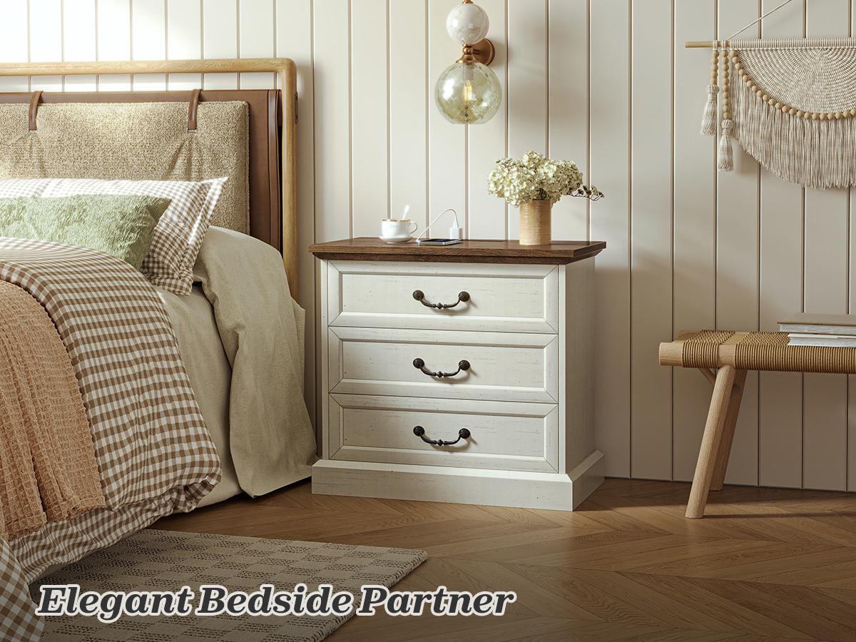 Huuger Nightstand with Charging Station, 3 Drawer Night Stand, 22 Inch Wider Side Table with Storage, Farmhouse Nightstand with Vintage Handles, Thicken Base, for Bedroom Huuger Nightstand with Charging Station, 3 Drawer Night Stand, 22 Inch Wider Side Table with Storage, Farmhouse Nightstand with Vintage Handles, Thicken Base, for Bedroom
