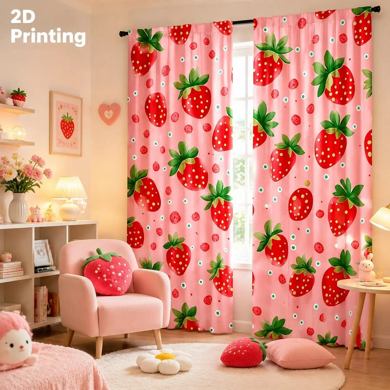 2-piece set of pink cartoon strawberry printed semi blackout curtains, paired with dots and strawberry pulp accents, suitable for girls' bedrooms, children's rooms, dessert shops, Semi shading curtain