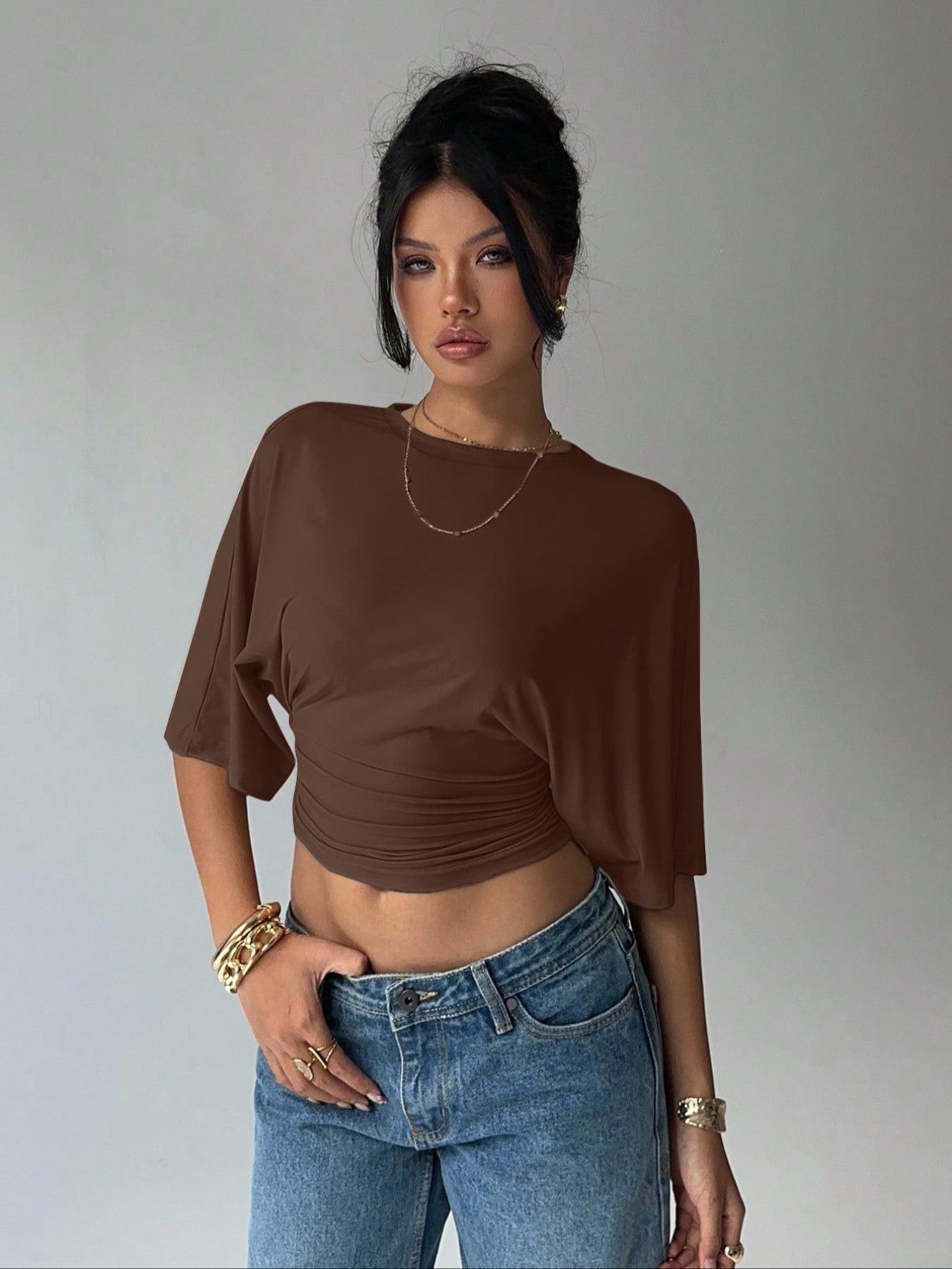 Women's Summer Basic, Simple Stylish Batwing Sleeve Ruched Short Top T-shirt, Relaxed Hem Soft Elastic T-shirt, Trendy Y2K Stretchy Knitted Crew Neck Top, Womenswear