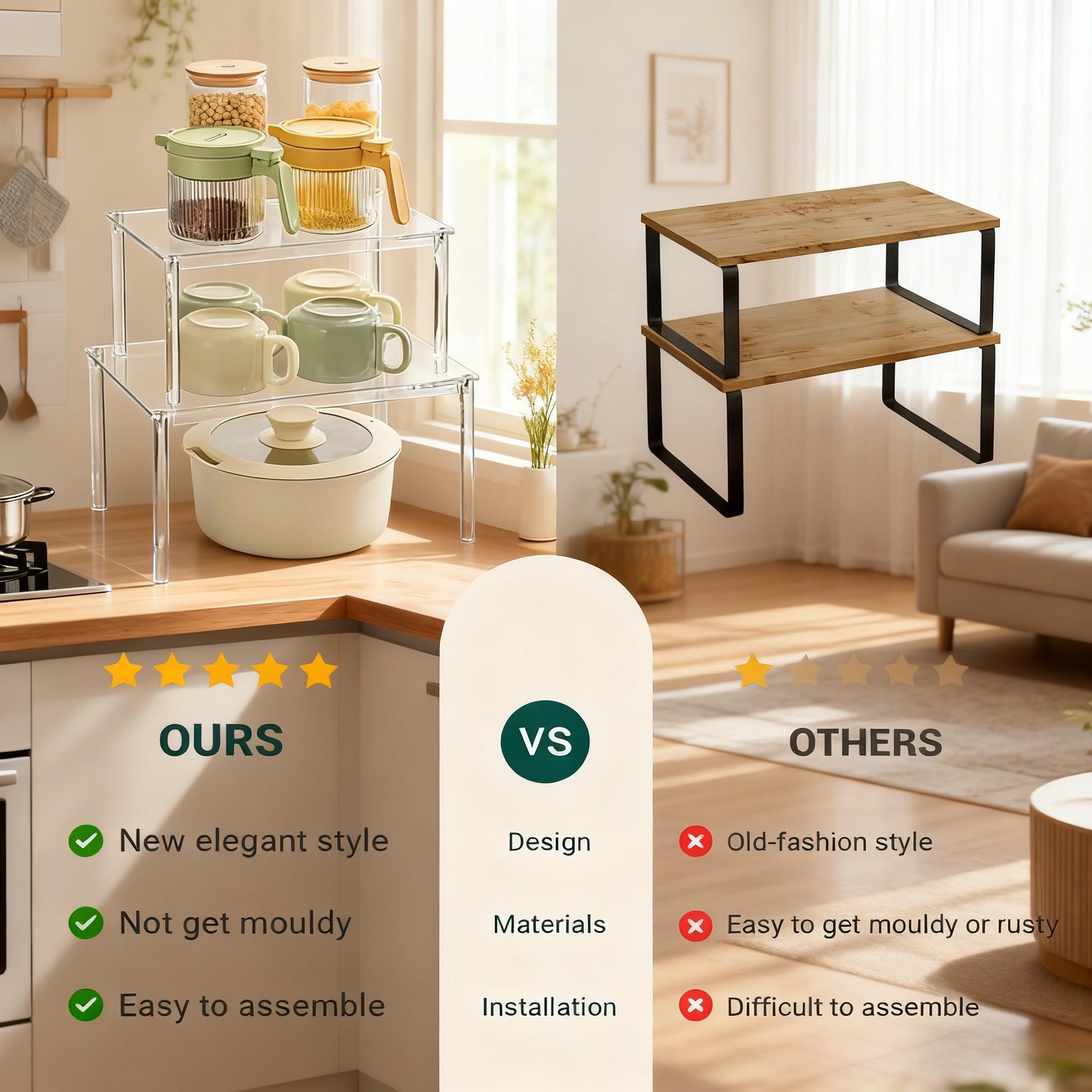 Transparent Acrylic Storage Rack, Layered Kitchen Organizer, Stackable Shelving for Cabinets, Desks, Countertops, Vertical Storage Solution