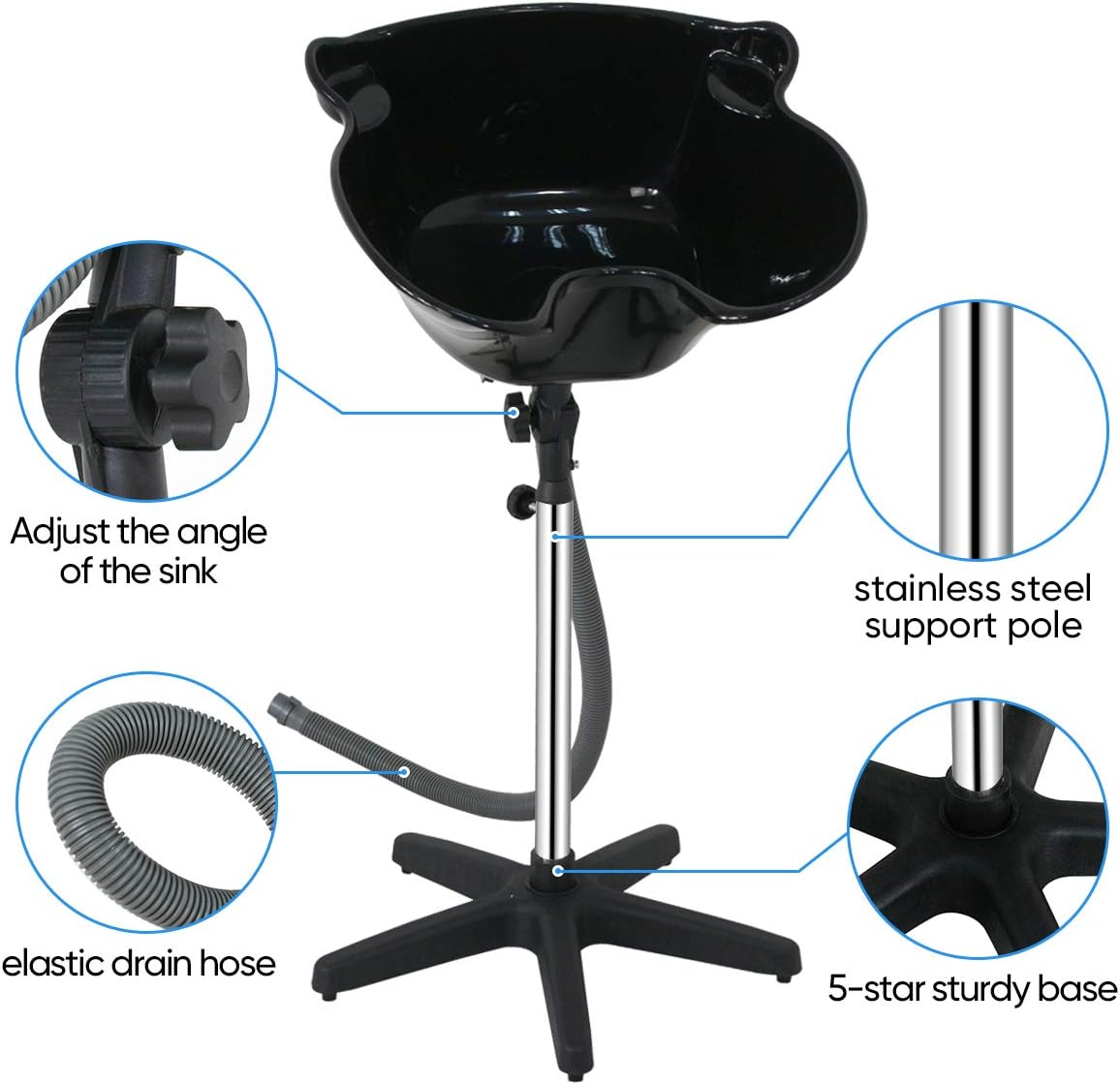 ZENY Portable Deep Shampoo Basin Sink Salon Hair Treatment Bowl Height Adjustable W/Drain Hose