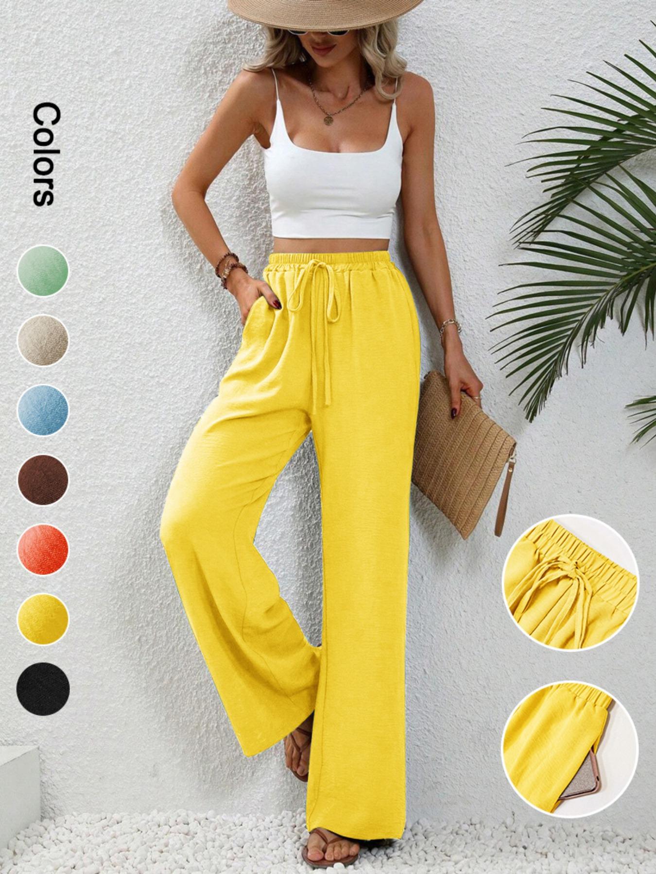 Women's Plain Pocket Tie Front Adjustable Elastic Waist Straight Leg Pants, Casual High Waist Wide Leg Trousers for Daily Wear, Ladies Bottoms for All Seasons, Baggy Pants