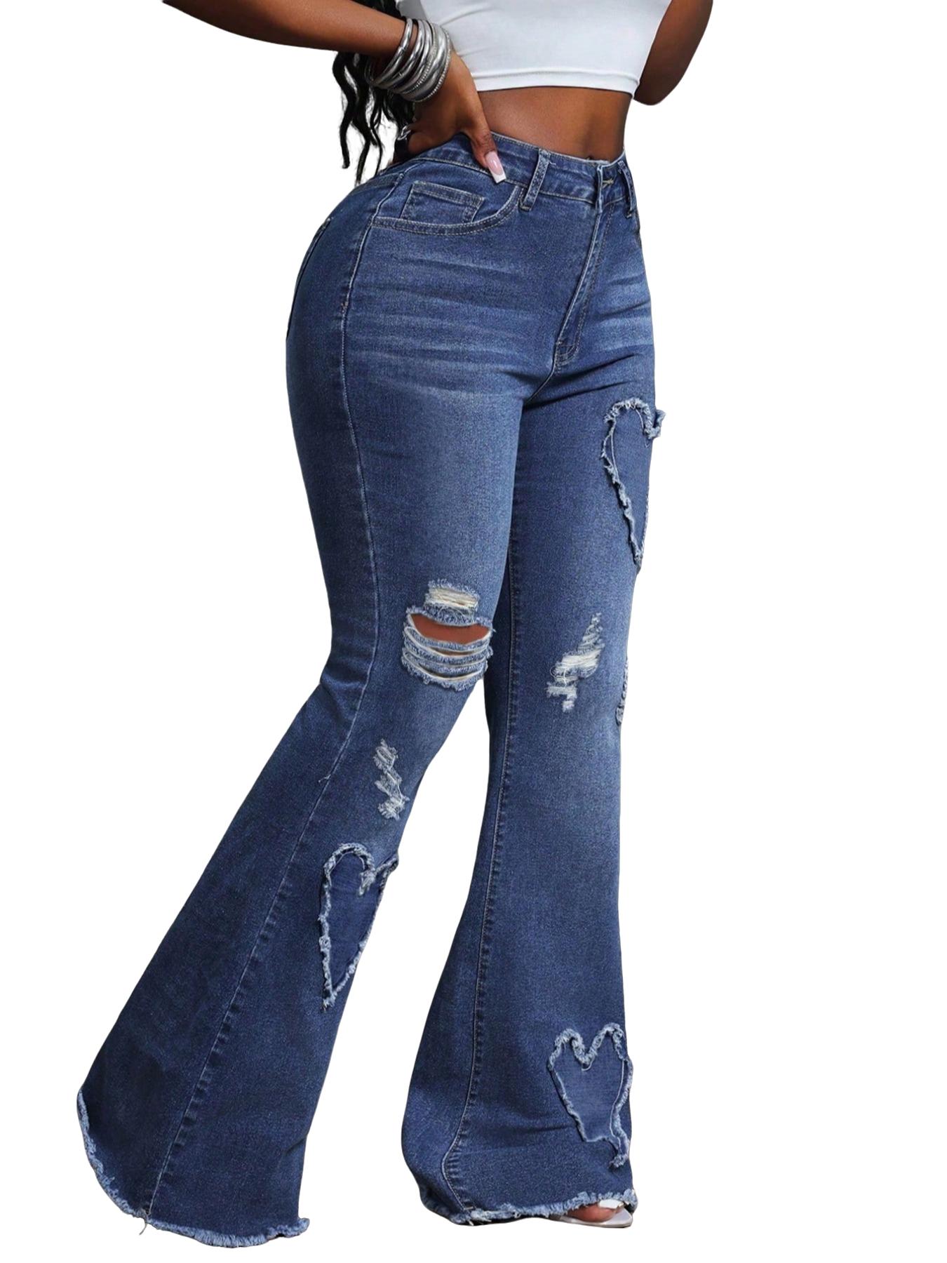 Women's Plain High Waist Zipper Fly Flare Leg Jeans, Casual Pocket Button Design Bell Bottom Denim Trousers for Daily Wear, Ladies Bottoms for All Seasons