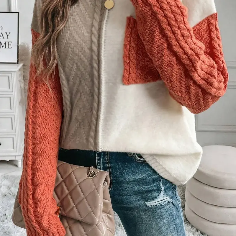 Women's Patchwork Pullover Knitwear Sweater for Fall & Winter, Basic Drop Shoulder Style with Front Pocket, Casual Party Wear
