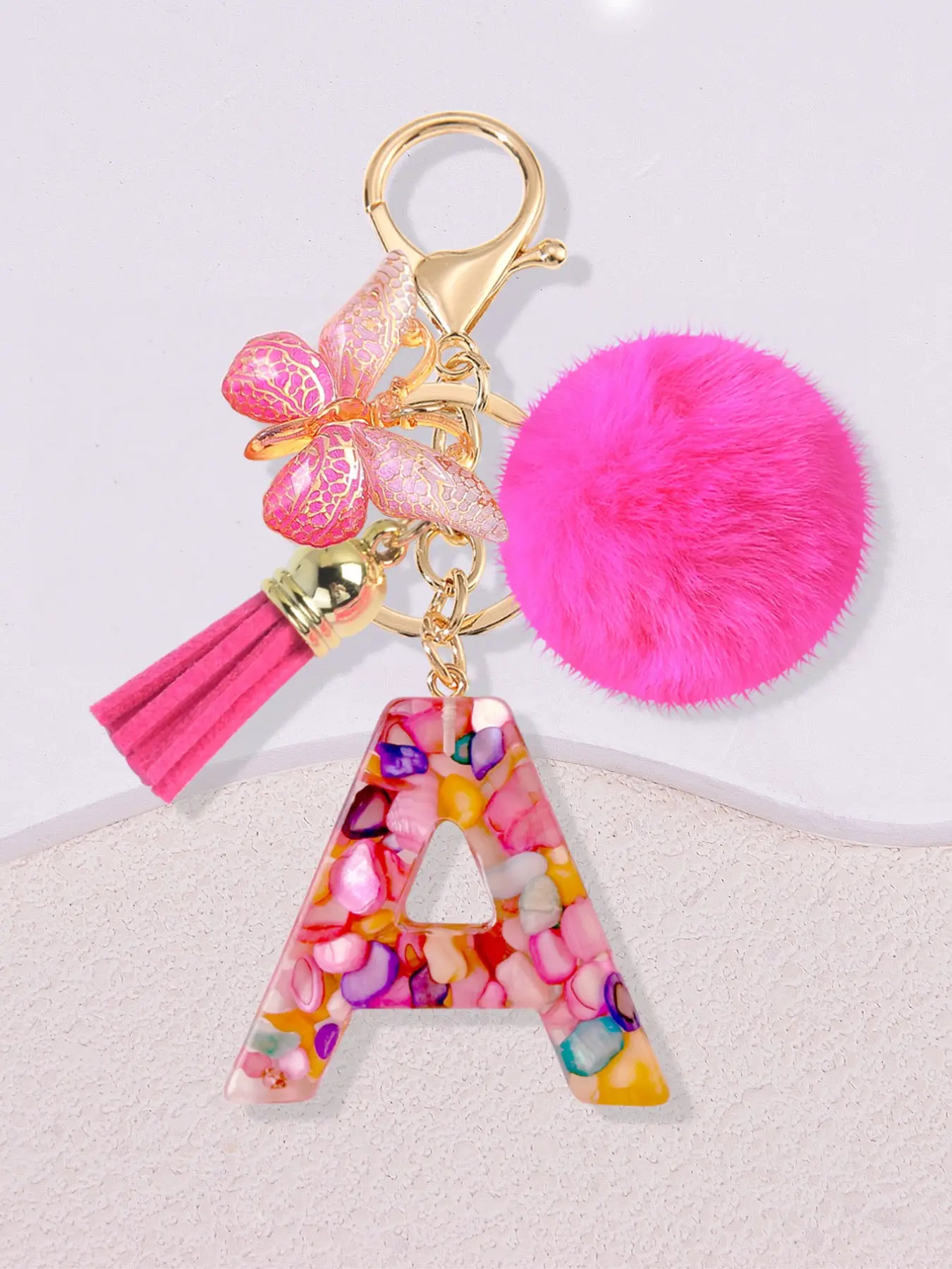 Letter Keychain, Initial First Letter Car Key Chain, Cute Butterfly Fringe Pom Pendant, Halloween Gift, Valentine's Day, Singles Party Gift, Aesthetic Keychain