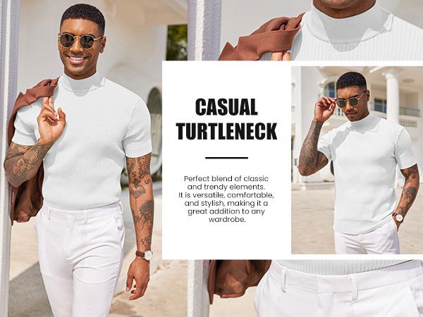COOFANDY Lightweight Men's Mock Turtleneck Sweater Short Sleeve Casual Basic Tops Ribbed Knit Pullover Solid Tee(100%Polyester) COOFANDY Lightweight Men's Mock Turtleneck Sweater Short Sleeve Casual Basic Tops Ribbed Knit Pullover Solid Tee(100%Polyester)