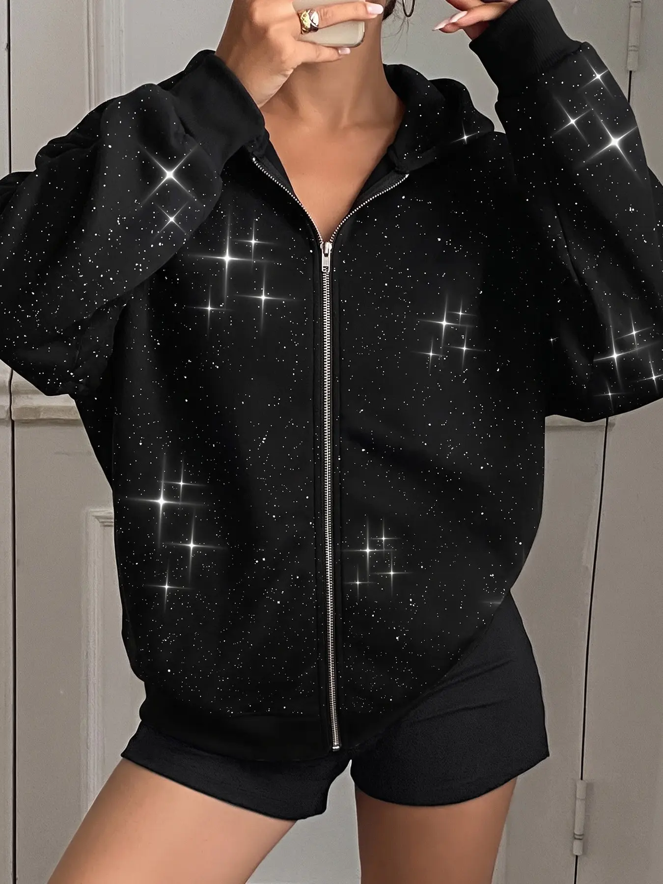 Unisex Black All Over Star Rhinestone Full Zip Oversized Hoodie, Y2K Thermal Warm Fleece Lined Bling Long Sleeve Hooded Jacket, Versatile Streetwear Outerwear Matches Cargo & Denim Pants For Fall Winter Daily Outfits #springsaledeals2026 #autumnvibes #tik
