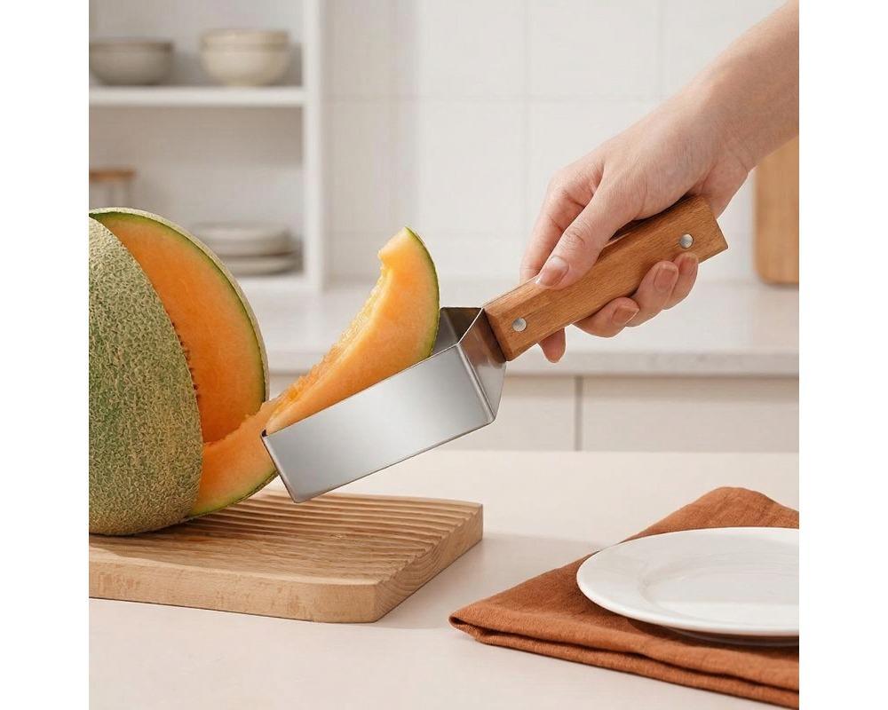 1/2pcs Stainless Steel Watermelon Slicer and Cutter Manual Fruit Cubing Tool with Ergonomic Wood Handle Portable Melon Scooper for Home and Travel Durable Kitchen Gadget for Uniform Slicing Practical Fruit Prep Assistant