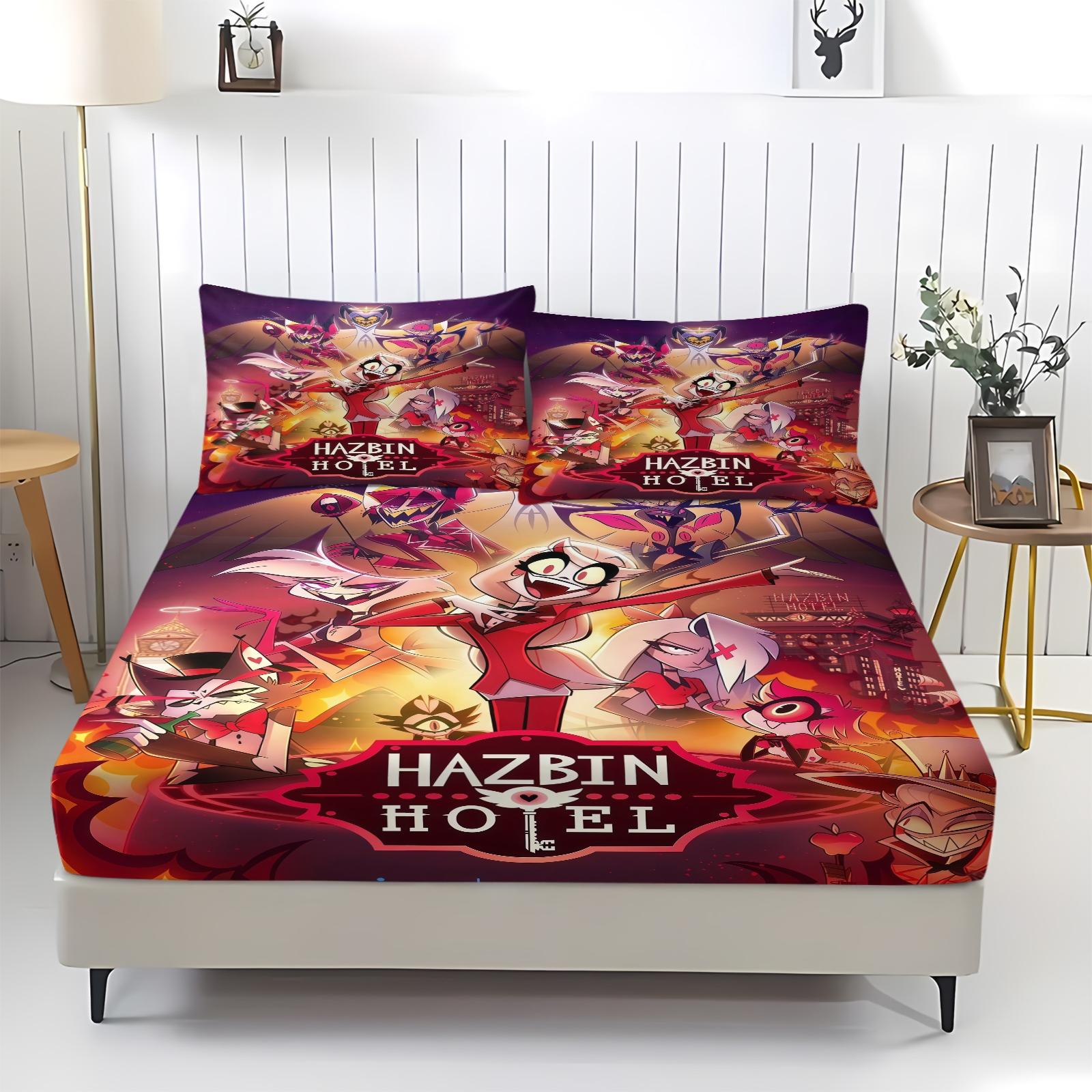 3 Piece Hazbin Hotel Pattern Fitted Sheet Set, Soft And Durable Bedding Set Bed Sheets Includes 1 Piece Flat Sheet And 2 Pieces Pillowcases, Daily Holiday Birthday Gift Bedroom Decorations For Kids And Adults, Bedsheet Sets