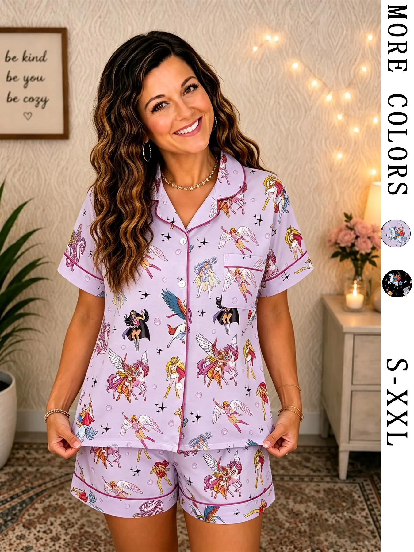 Women's Fun Nostalgic Character Pajama Set, Vintage Magic Girl & Unicorn Print Short Sleeve Button‑Down Top & Shorts, Chic Sleepwear Gift, Soft Summer Loungewear Outfit with Contrast Piping