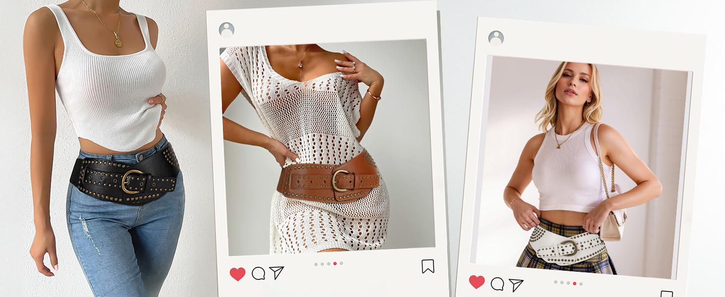 JASGOOD Women Vintage Wide Elastic Belt Studded Stretchy Waist Belt with Rivets Metal Buckle