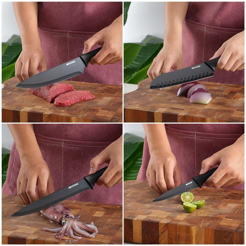 19-piece kitchen knife set with chef's knife, bread knife and scissors, including sharpening rod and integrated knife block